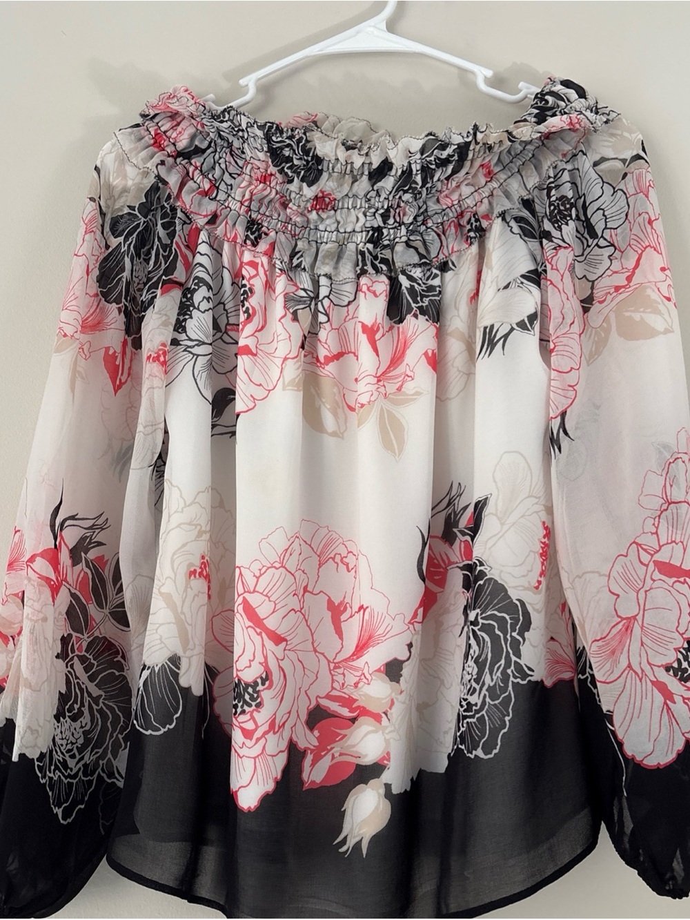 White House Black Market Off-Shoulder Floral Blouse in White, Black & Pink